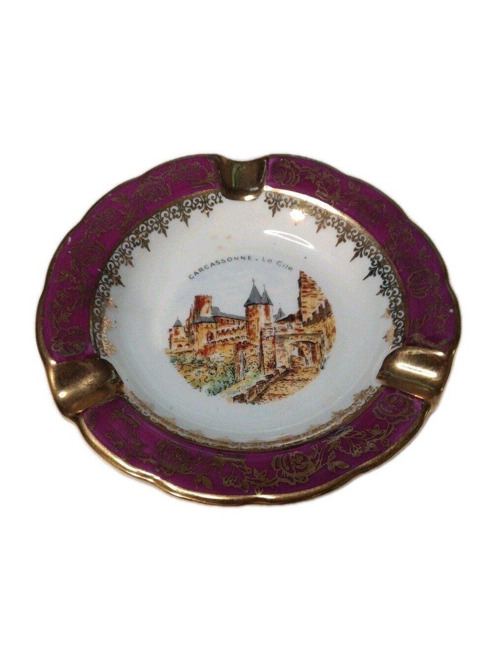 Vintage Limoges France Porcelain Carcassonne Souvenir Ashtray Burgundy Gold 24K